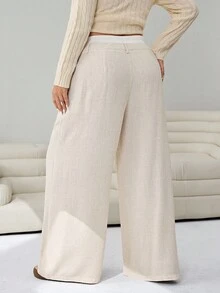 SHEIN EZwear 大码女式褶皱口袋宽松休闲阔腿裤 - 米色 - 查看 2