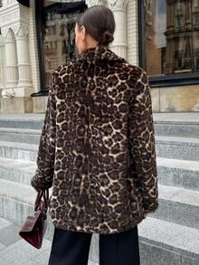 Lavishia Women's Leopard Print Fuzzy Long Sleeve Jacket, Fashionable For Autumn/Winter Women's Winter Coat  Leopard Print Fall Elegant Brown