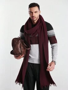 Manfinity CityGents 男士简约纯色流苏针织披肩，秋冬款 - 酒紅色 - 查看 6