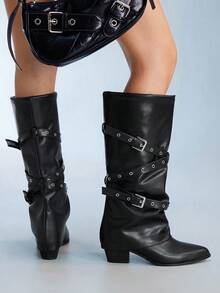 CUCCOO GRLICON Botas de tacón grueso con punta puntiaguda, con cremallera, decoradas con bordados y tachuelas, adecuadas para vacaciones, exteriores, etc.