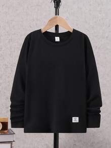 SHEIN Boys' Casual Solid Color Round Neck Long Sleeve T-Shirt - Red - View 3