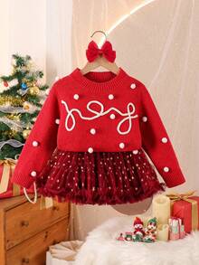 SHEIN Young Girl Colorblock Round Ball Decor Crew Neck Long Sleeve Sweater Fall Winter Christmas Halloween Sweater Autumn Fall Jumper - Red - View 2
