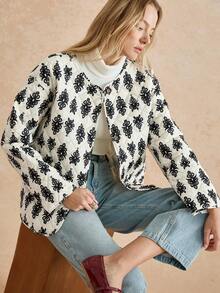 Écloséra 法式复古圆领印花修身长袖女士棉衣外套，秋冬 - 彩色 - 查看 3