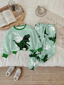 2 Stücke Baby Jungen Lässiges, cooles Dinosaurier-Muster Sweatshirt und Hose Set, geeignet für Herbst/Winter