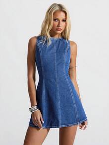 Jeanoix 女式性感休闲露背系带无袖牛仔连衣裙，夏季 - 中等水洗藍 - 查看 7