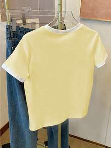 SHEIN 女式夏季休闲度假风格柠檬刺绣撞色短袖T恤 - 彩色 - 查看 2