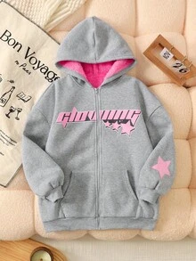 SHEIN Tween 女童休闲印花字母针织连帽保暖长袖运动衫外套秋冬女童服装 - 灰色 - 查看 4