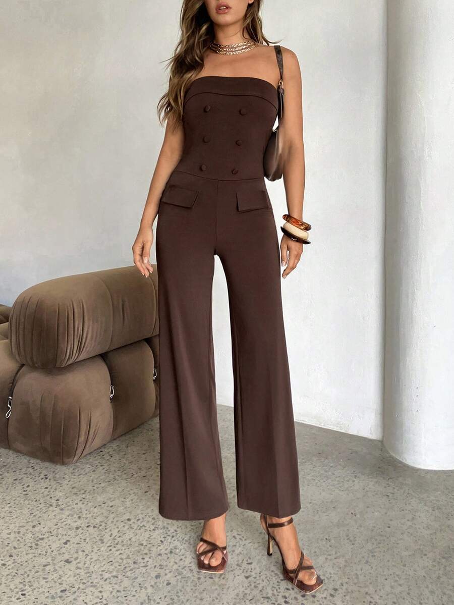 Aloruh Women's Minimalist Coffee Color Jumpsuit Pants For Commuting
