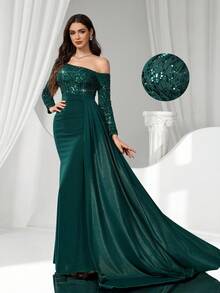 Coutiva Damen Abendkleid mit Pailletten, Volant an den Schultern, langärmlig, enganliegend, luxuriöses Abendkleid, Pailletten- und Perlenmanschetten-Design, elegantes Partykleid für Damen, langärmliges Abendkleid, für Hochzeitsgäste, Abschlussfeier, Abendessen