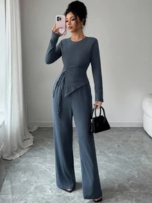 Elenzga 2pcs Women Elegant Pleated Decor Long Sleeve Drawstring Waist Top And Straight Leg Pants Set, Suitable For Party, Daily Life, Commute, Autumn/Winter - Grey - View 3
