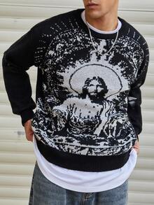 Manfinity CasualKnits Men's Casual Fashion Street Jesus Graphic Loose Pullover Sweater, Autumn/Winter, Grunge Style - Black - View 1