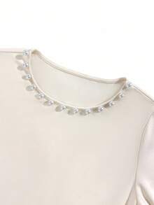 Franclia 女士优雅长袖圆领珍珠装饰修身长裙，适合派对、婚礼宾客着装，秋冬季 - 米色 - 查看 3