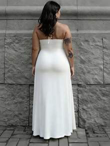 INAWLY Plus Size Sexy Plunging Neckline High Slit Backless Halter Maxi Dress - White - View 2