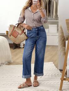 SHEIN LUNE Women's Straight Leg Loose Casual Commuter Jeans With Pockets Casual Street Patchwork Pocket Loose Wide Leg Jeans Women Jeans Baggy Loose Jeans - Blue - View 8
