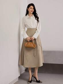 Heiryn Women's Solid Color High Waist Elegant Office Midi Skirt