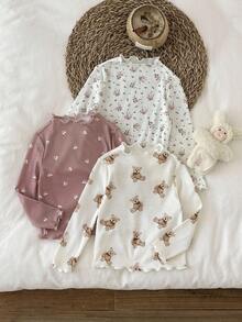 LMoss Kids 3 st stickat set med söta björnar och frukter för babyflicka, volangkrage och casual toppar