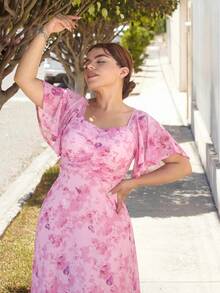 Lupita Cardoza Women's Chiffon Butterfly Print Batwing Sleeve Pleated Sweet French Summer Dress - Pink - View 5