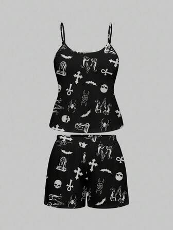 Plus Size Gothic Cross, Skull, Bat, Grave Allover Print Camisole & Shorts Pajama Set, Casual Loungewear