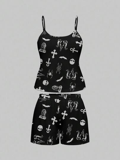 Goth Conjunto de pijama de camiseta y pantalones cortos con estampado todo sobre de cruz gótica, calavera, murciélago y tumba, ropa de estar en casa informal para tallas grandes