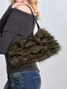 ROMWE Grunge Punk Y2K 仿皮草链条单肩包，朋克哥特式蓬松流浪包，街头风格手提包 - 咖啡棕 - 查看 5