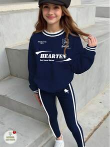 SHEIN Tween Girls' Casual Street Style Vintage College Graphic Sweatshirt And Leggings 2-Piece Set, Navy Blue, Crew Neck, Long Sleeve, Comfortable, Suitable For Autumn/Winter Fall Teen School Clothes 2 Piece Set Girls Sweat Sets Sweat Sets Tweens Comfy Teen Sweat Set Sweatshirt Straight Pants Suit Tween Girl - Multicolor - View 2