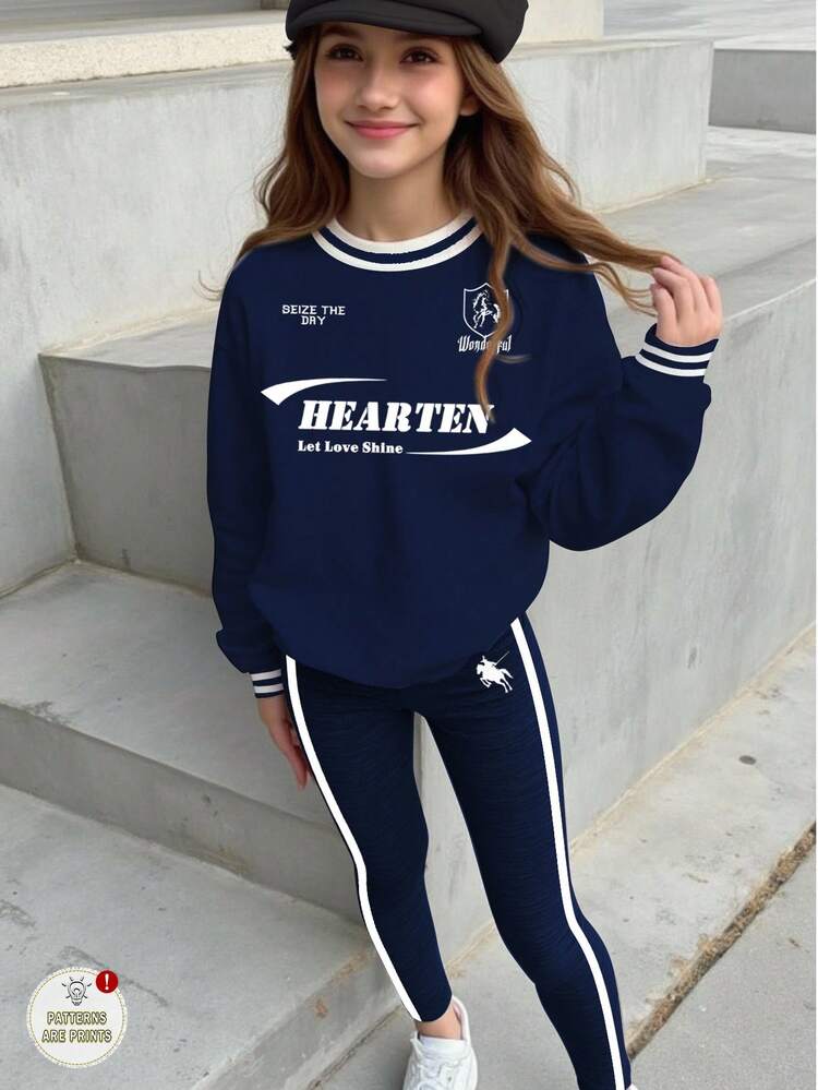 SHEIN Tween Girls' Casual Street Style Vintage College Graphic Sweatshirt And Leggings 2-Piece Set, Navy Blue, Crew Neck, Long Sleeve, Comfortable, Suitable For Autumn/Winter Fall Teen School Clothes 2 Piece Set Girls Sweat Sets Sweat Sets Tweens Comfy Teen Sweat Set Sweatshirt Straight Pants Suit Tween Girl - Multicolor - View 2