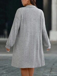 EMERY ROSE Plus Size Casual Elegant Loose Long Sleeve Solid Color Dress For Women - Grey - View 2