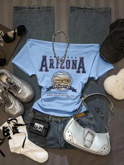 SHEIN EZwear 蓝色复古图案女式休闲腰部褶皱露肩紧身短袖 T 恤，适合夏季