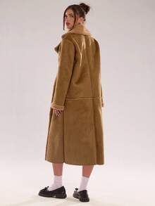 SHEIN BAE 女士休闲复古棕色中长款保暖内衬夹克，冬季棕色外套女士冬季外套秋季外套长款外套棕色夹克，棕色衣服，女士外套，女士秋季衣服 - 卡其色 - 查看 2