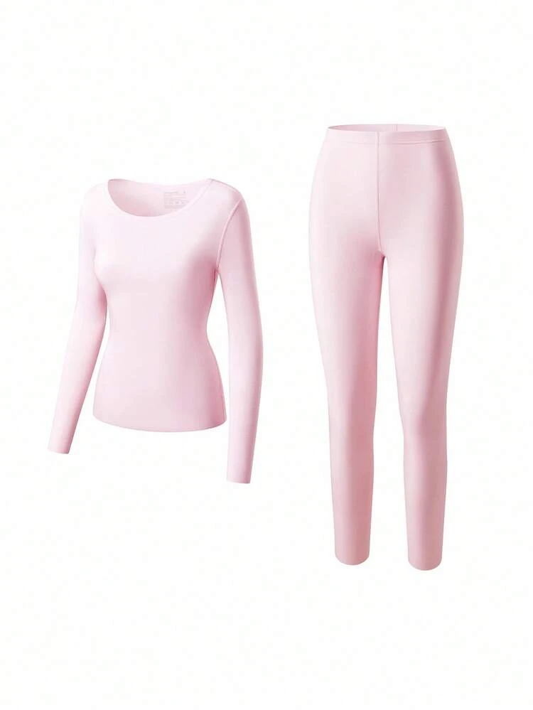 Conjunto de ropa interior térmica para mujer, capa base ultra suave para clima frío, pijama de invierno cálido con parte superior de cuello redondo y pantalones largos - Conjunto ligero y cálido en color rosa