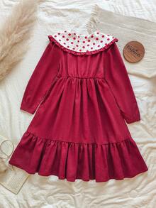 SHEIN Mädchen süßes rotes Blume Muster Kleid mit Peter-Pan-Kragen und Langarm, frischer Landhausstil mit Tailleneinsatz, süß und lebhaft, geeignet für den täglichen Gebrauch, Geburtstagsparty, Treffen mit Freunden, Schulveranstaltungen - Rot - Übersicht 2