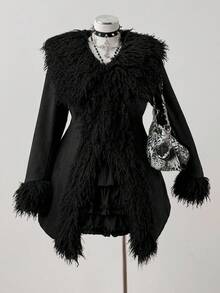 Sunspun Plus Size Fur Collar Waist Cinched Long Sleeve Coat