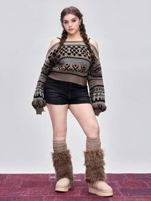 ROMWE Kawaii Plus Size Avant Vintage Geometric Abstract Fair Isle Pattern Fuzzy Plus Size Off-Shoulder Sweater, Retro Street Style Loose Fit Fair Isle Knit Pullover For Autumn/Winter, Plus Size Casual Fashion Women Clothing, Y2K Vintage Inspired Plus Size Women Sweater With Fair Isle Pattern For Holiday Party, Christmas Party, Elegant Plus Size Ladies Knitwear - Multicolor - View 5