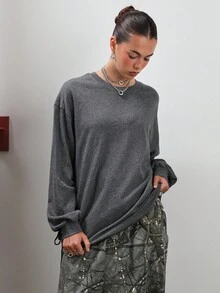COUREZ 圆领宽松格纹卫衣 / Y2K 春季外出哥特风健身运动卫衣 - 深灰色 - 查看 6