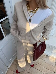 DAZY 女士休闲拉链长袖毛衣和裤子两件套秋冬连帽衫 - 杏色 - 查看 4