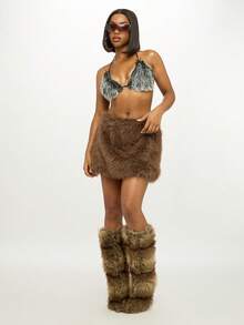 SUMWON 人造毛皮迷你裙毛绒冬季节日派对裙高腰蓬松短裙搭配暖腿套假日俱乐部时尚装 - 棕色 - 查看 5