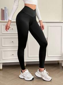 SHEIN Tall 女士纯色热瑜伽黑色V领高腰紧身裤，黑色女士紧身裤，感恩节女士黑色裤子，休闲女士V领修身腰瑜伽裤紧身运动风，黑色裤子 - 黑色 - 查看 4