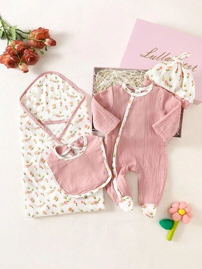 SHEIN 新生女婴 4 件套柔软棉质服装套装，包括连体衣、帽子、袜子、围兜、襁褓毯，非常适合夏季、沐浴礼物、新生儿场合