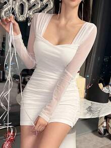 DAZY 女士甜心领紧身鸡尾酒会礼服，带臀部包裹，生日，除夕夏季长袖连衣裙舞会礼服