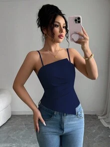 Elenzga Elegant & Cute Pleated Design Women Tank Top - Navy Blue - View 4