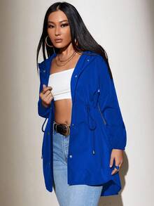 EURMUSE Women's Casual Solid Color Cinched Waist Hooded Coats - Royal Blue - View 4