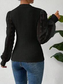 SHEIN Women's Solid Color Round Neck Lantern Sleeve Ribbed Fashionable Top - Black - View 2