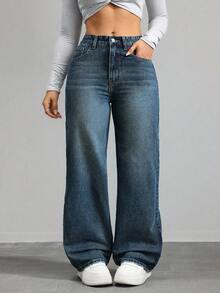 SHEIN ICON Plus Size Women Loose Fit Vintage Wash Pockets Wide Leg Casual Jeans