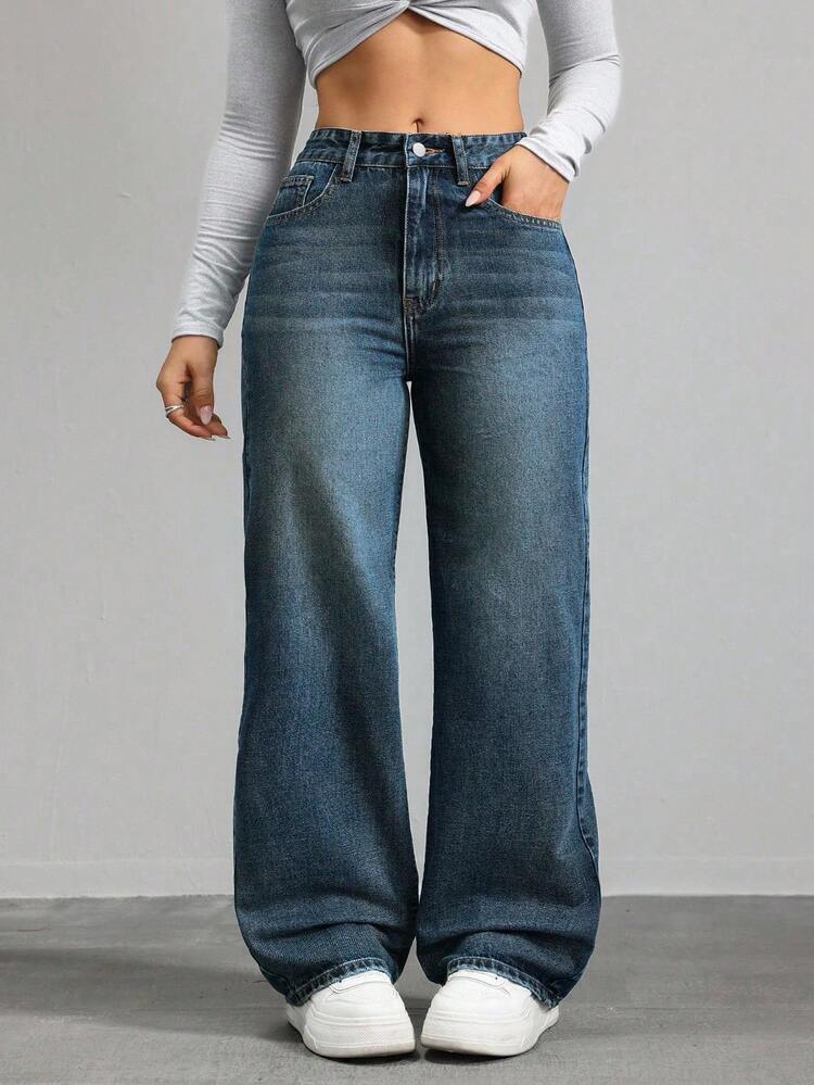 SHEIN ICON Plus Size Casual Daily Use Button-Back Elastic Waist Straight Jeans