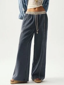 Bohemela Quần nỉ boho ống rộng dệt kim màu trơn đơn giản, lót nhiệt dành cho nữ, Thu/Đông - màu nâu - Xem 6