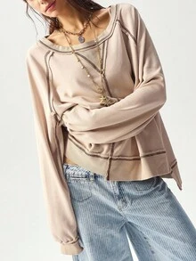 Bohemela 女士休闲纯色针织圆领宽松长袖运动衫秋冬女装 - 杏色 - 查看 6