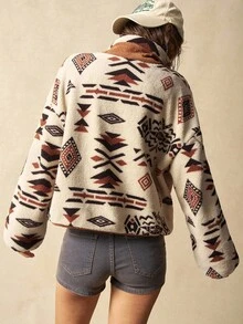 Bohemela 女式休闲宽松几何图案长袖仿皮草内衬常规夹克，秋冬 - 杏色 - 查看 7