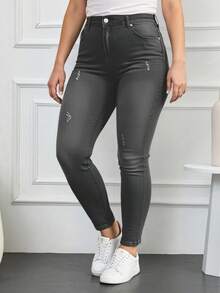EURMUSE 98%Cotton Plus High Waist Ripped Skinny Jeans - Dark Grey - View 1