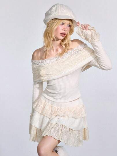 J-Fashion Maglietta da donna con decorazione floreale 3D, stile Hime Gyaru, dolce e Mori Kei, con spalle scoperte