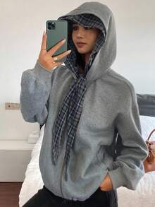 Livesso 2 Stück/Set Damen Karomuster Sweatshirt mit Kapuze & Schal, locker geschnitten Business Lässig Büromode, warm für Herbst/Winter